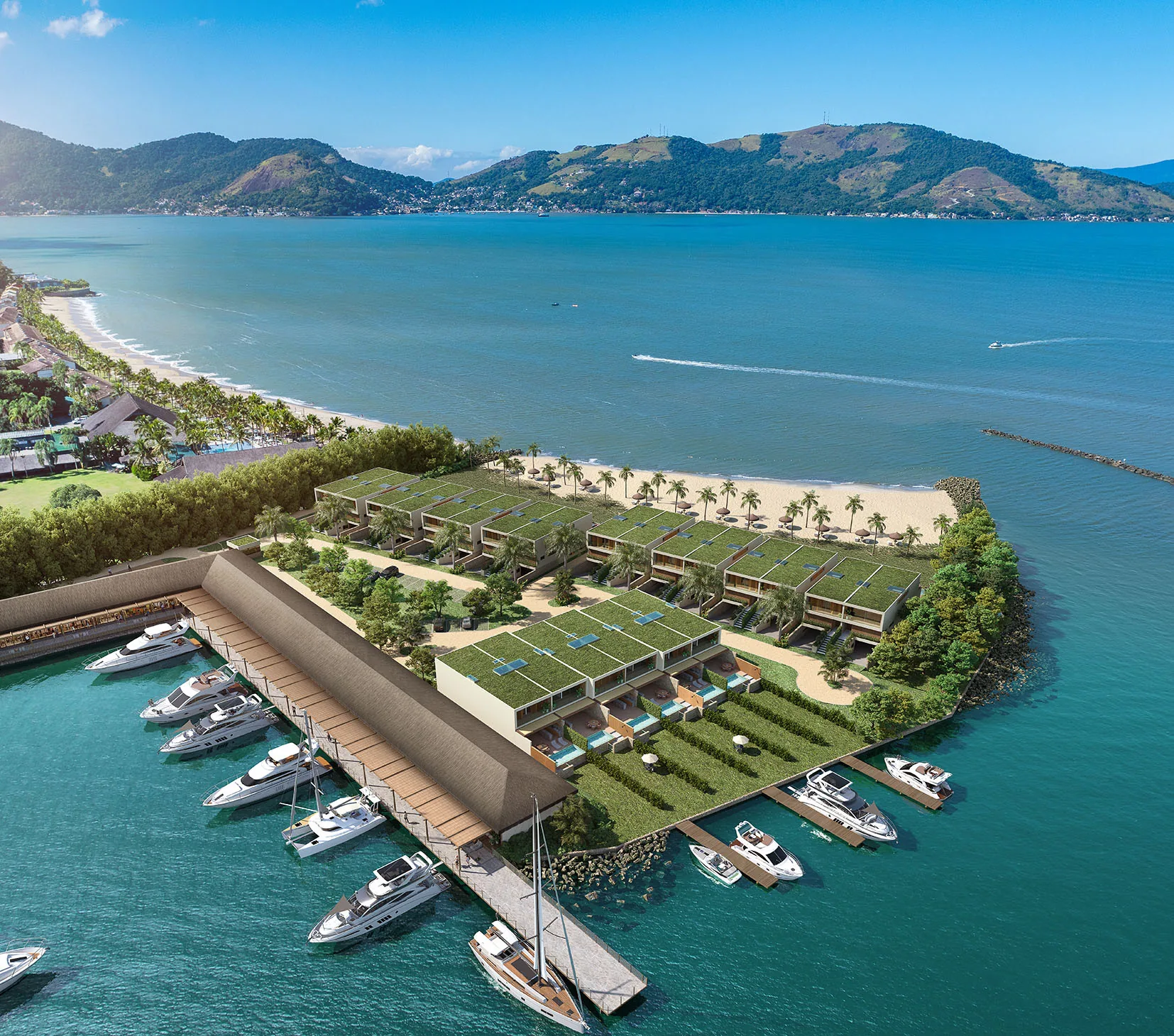 Vista aérea do Villa da Praia e da Marina Portobello