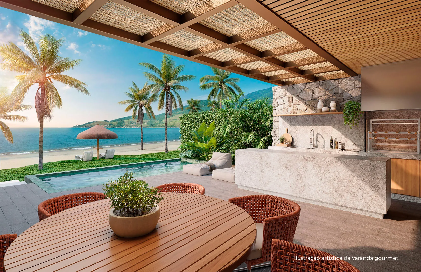 Varanda gourmet com vista para o mar no Villa da Praia