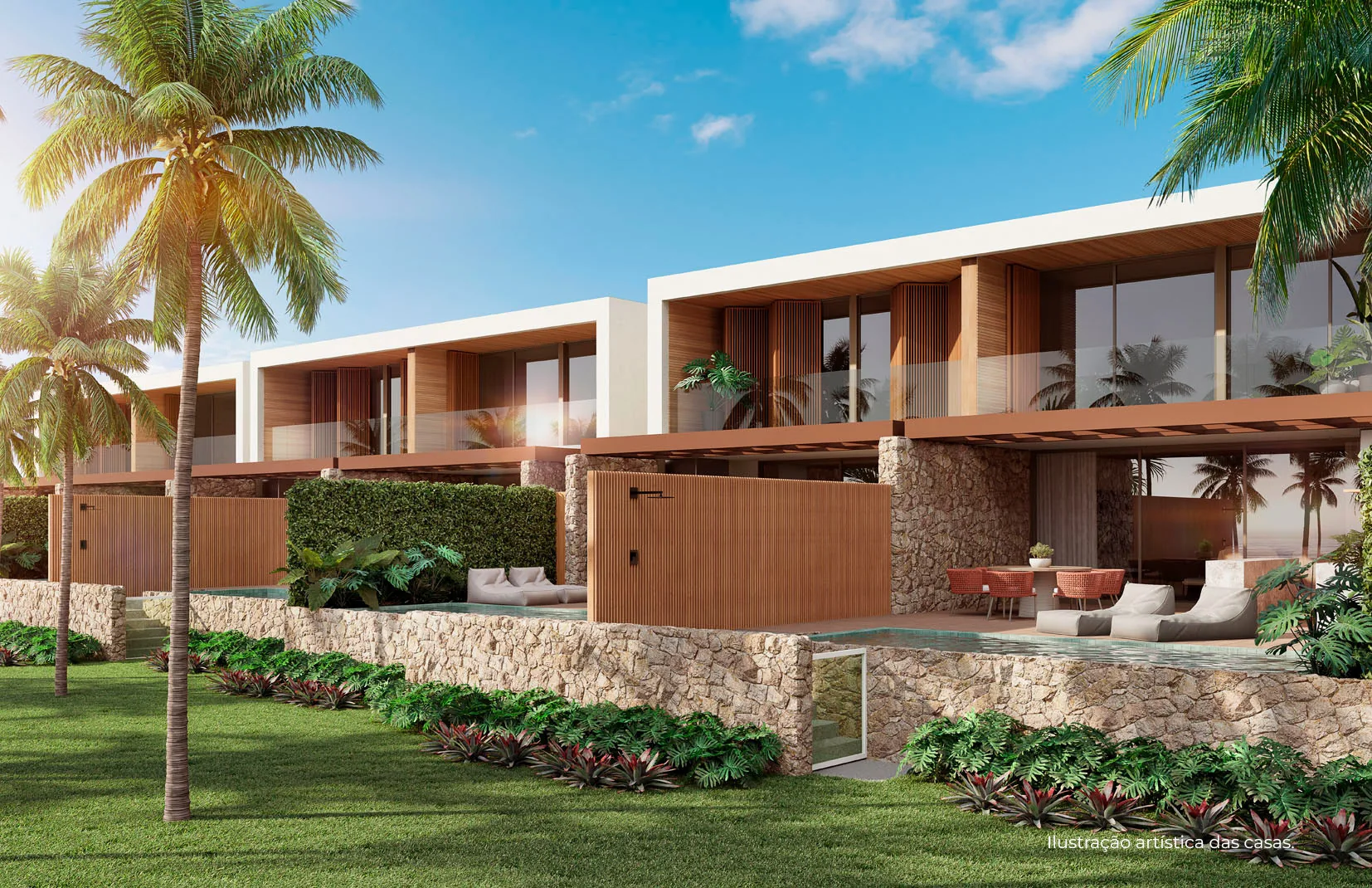 Fachada das casas do Villa da Praia entre coqueiros