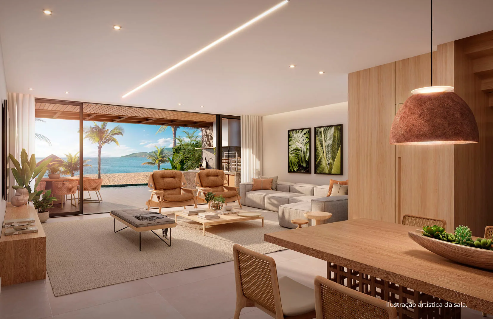 Living integrado com vista para o mar no Villa da Praia